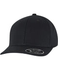 The 110 Flexfit curved snapback (9293) by Flexfit by Yupoong is a plain black baseball cap with a structured crown, curved brim, and a sticker displaying brand and sizing details. No visible logos or designs.