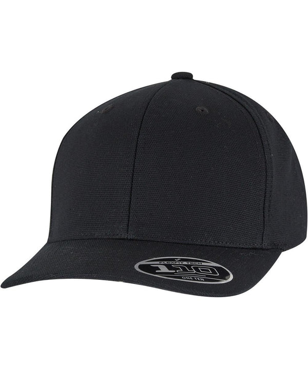 The 110 Flexfit curved snapback (9293) by Flexfit by Yupoong is a plain black baseball cap with a structured crown, curved brim, and a sticker displaying brand and sizing details. No visible logos or designs.