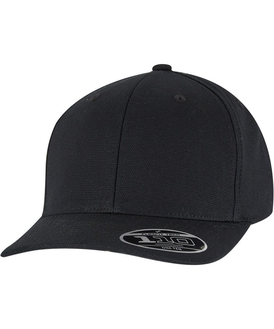 The 110 Flexfit curved snapback (9293) by Flexfit by Yupoong is a plain black baseball cap with a structured crown, curved brim, and a sticker displaying brand and sizing details. No visible logos or designs.
