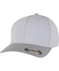 A light grey Flexfit by Yupoong Tech water-repellent cap (9295) with a slightly darker curved brim, visible stitching, a round button on top, and a Flexfit brand sticker on the brim.