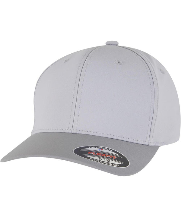 A light grey Flexfit by Yupoong Tech water-repellent cap (9295) with a slightly darker curved brim, visible stitching, a round button on top, and a Flexfit brand sticker on the brim.